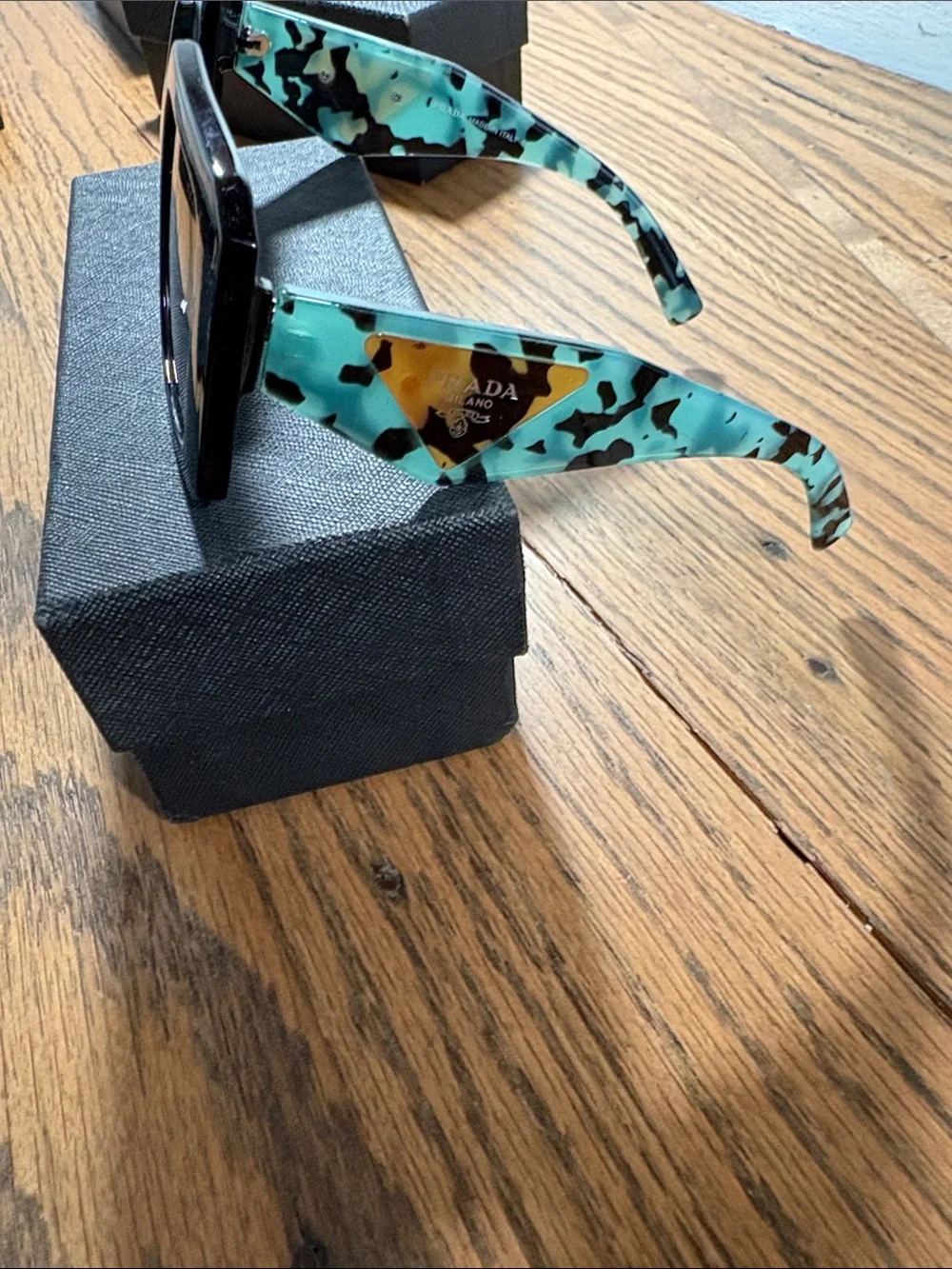 Prada Women’s Square Sunglasses with Turquoise Camo Temples